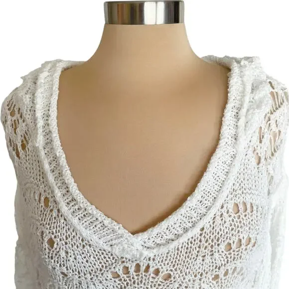 POL White Open Weave Crochet Hooded Sweater Sz LG Beachy Breezy Vacation Cruise - Picture 6 of 12